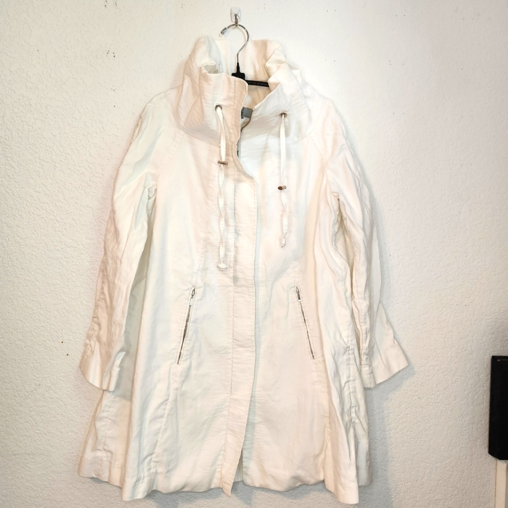 Zara Women Off-White Longer Linen/Cotton Blend Outershell Jacket, Size‎ L